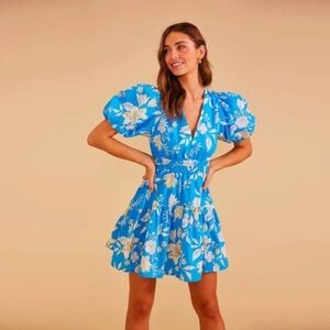 MinkPink Zinnia Blue Floral Print Resort Puff Sleeve Mini Dress Sz XL